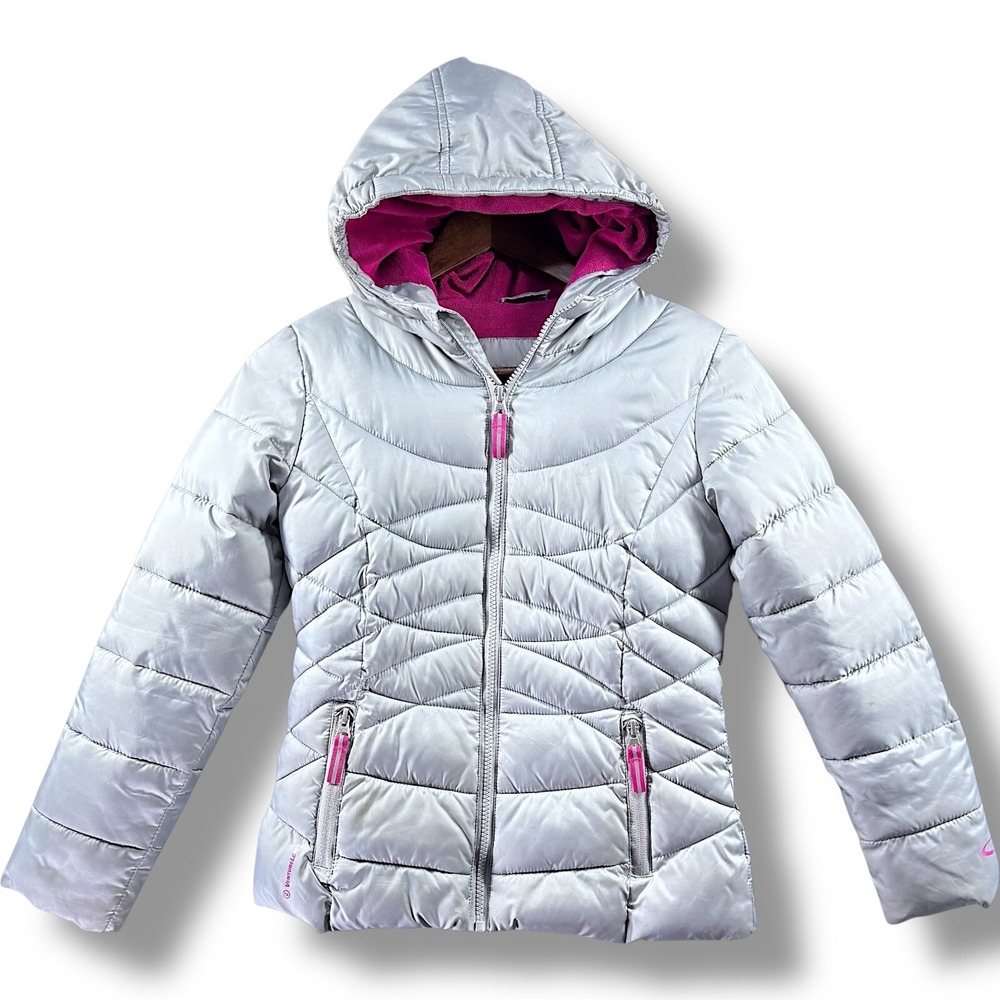 Champion Puffer Jacket Youth Medium M Silver Pink Hooded Full Zip Outerwear